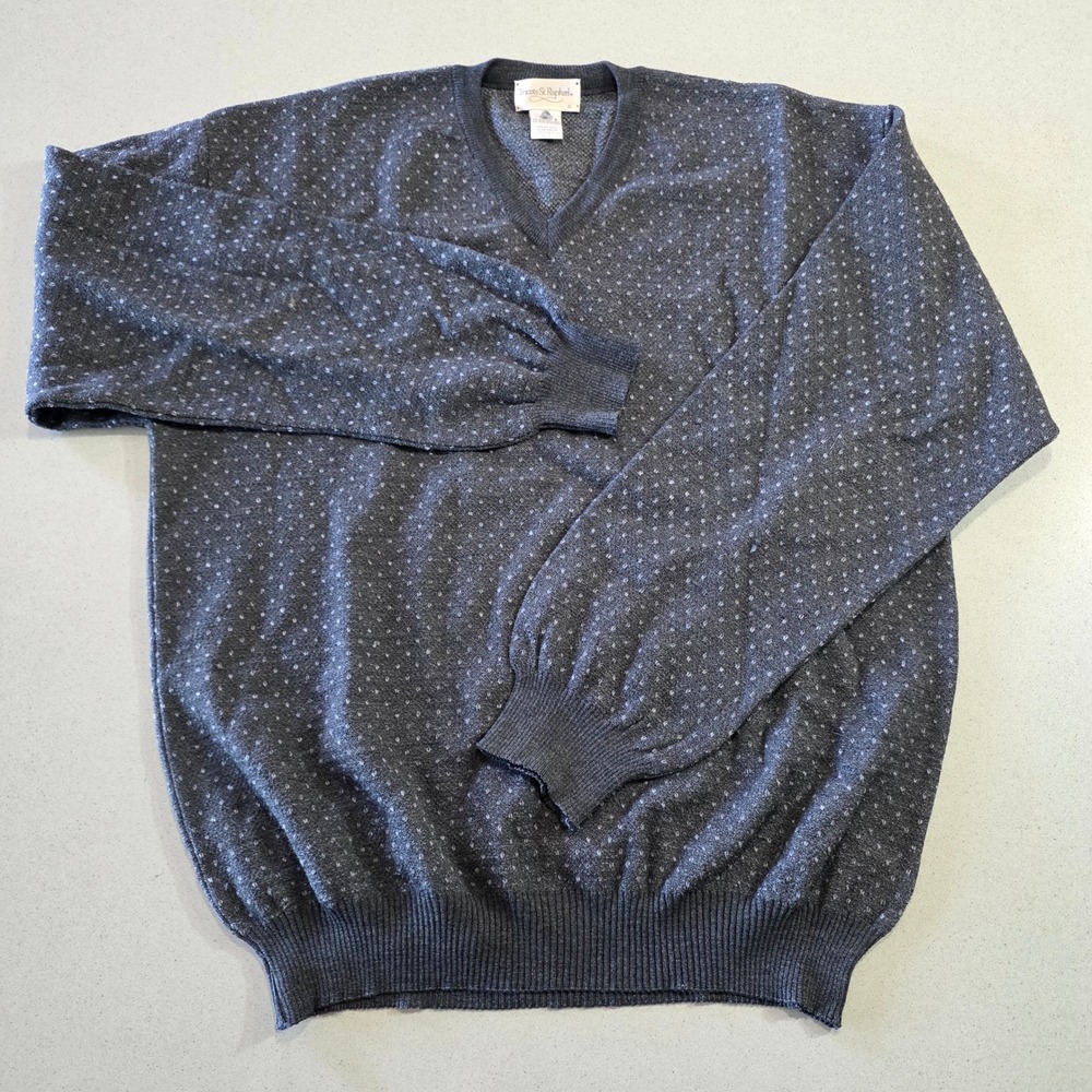 Tricots St Raphael Mens Merino Wool V-Neck Sweater Charcoal Grey Dot Pattern L
